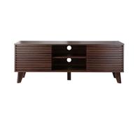 Calicosy - Meuble TV 2 Portes Coulissantes - Décor Bois Noyer - Panneaux De Particules - Portes Effet Bois Lamé - 5 Pieds - Salon Ou Chambre - Style Exotique - L 140 x P 39 x H 51,5 cm