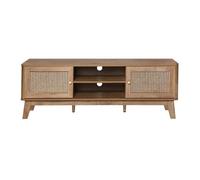 Calicosy - Meuble TV 2 Portes 2 Niches - Cannage Rotin - Décor Bois Clair - Panneaux De Particules - 4 Espaces De Rangement - Salon Ou Chambre - Style Exotique Et Naturel - L 149 x P 39 x H 49 cm