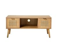 Calicosy - Meuble TV 2 Tiroirs 1 Niche - Cannage Rotin - Décor Bois - MDF - Pieds en Pin Massif - avec Rangements - Salon Ou Chambre - Style Exotique Et Naturel - L 100 x P 42 x H 45 cm