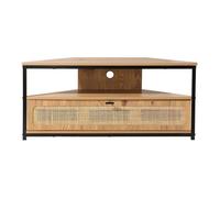 Calicosy - Meuble TV d'angle 1 Porte Rabattable - Cannage en Rotin - Décor Bois - Panneaux De Particules - Pieds Métal - Salon Ou Chambre - Style Exotique Et Naturel - L 100 x P 30 x H 45 cm