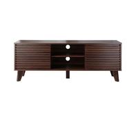 Calicosy - Meuble TV 2 Portes Coulissantes - Décor Bois Noyer - Panneaux De Particules - Portes Effet Bois Lamé - 5 Pieds - Salon Ou Chambre - Style Exotique - L 140 x P 39 x H 51,5 cm