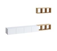 CALICOSY - Meuble TV suspendu 4 portes blanc et étagère chêne L215 cm - PIA - Blanc