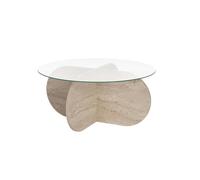 CALICOSY - Table basse avec pieds croisés et plateau en verre trempé D75 cm - AERIS - Travertin