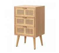 CALICOSY - Petite Commode 3 Tiroirs Cannage Rotin - Placage Bois De Frêne - MDF - Pieds Sapin - Poignées Acier Coloris Or - Table D'Appoint Séjour, Chambre - Style Moderne - L 42 x P 36,5 x H 71 cm