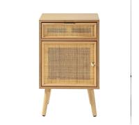 Calicosy - Table De Chevet 1 Tiroir 1 Porte - Placage Bois Frêne - Cannage en Rotin Naturel - MDF - 4 Pieds en Sapin - pour Chambre, Salon, Bureau - Style Exotique - L 47 x P 40 x H 55 cm