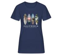 California Surf Paradise - Planche de surf collage photo avec palmiers, plage et coucher de soleil - Côte Ouest Californie Beach Lifestyle T-shirt pour femme, Bleu marine, S