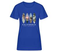 California Surf Paradise - Planche de surf collage photo avec palmiers, plage et coucher de soleil - Côte Ouest Californie Beach Lifestyle T-shirt pour femme, bleu, S
