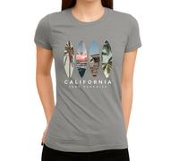 California Surf Paradise - Planche de surf collage photo avec palmiers, plage et coucher de soleil - Côte Ouest Californie Beach Lifestyle T-shirt pour femme, gris, S