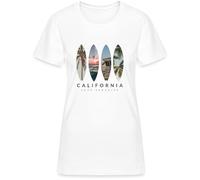 California Surf Paradise - Planche de surf collage photo avec palmiers, plage et coucher de soleil - Côte Ouest Californie Beach Lifestyle T-shirt pour femme, Blanc., S