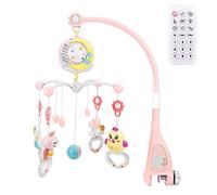 CALISTOUK Mobile musical pour berceau de bébé avec télécommande Lumière d'étoiles Clochette Décoration Hochet pour lit Jouet Projecteur de berceau pour bébés nouveau-nés Rose