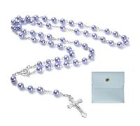 Calkkrer Chapelet catholique pour communion, avec croix rétro, pochette cadeau en velours, élégante pour baptême, communion, mariage, communion, fête (violet pâle)