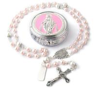 Calkkrer Chapelet en Perles de Verre 6 mm avec Perles de Notre Père 8 mm, chaîne catholique dans Une boîte à Cadeaux en métal, Première Communion et Chapelet Rose personnalisé