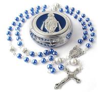 Calkkrer Chapelet en Perles de Verre 6mm avec Perles Notre Père 8mm, chaîne catholique dans boîte Cadeau en métal, première Communion et Chapelet Bleu personnalisé