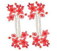 CALLARON 4Pièces Quatuor Accessoires Capillaires Forme De Fleurs Rouges Bâtons Idéaux Pour Chignons Mariages Et Fêtes