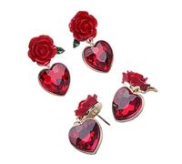 CALLARON Boucles d'Oreilles Cœur et Fleur 2 Paires 925 Argenté Pierre Rouge Imitée et Rose Rouge Vintage Boucles d'Oreilles à Clous pour Femmes Saint-Valentin Bijoux Élégants