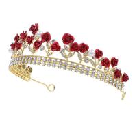 CALLARON Couronne de Mariée Bandeau Rouge Ornée de Roses en Alliage Léger Cristal Créatif, Accessoire Cheveux Mariage pour Chignon et Soirées D'engagement