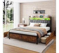 Callicarpa Lit en métal, 180 x 200 cm, avec 2 tiroirs, Espace de Rangement, lit capitonné avec Prise USB et tête de lit LED, Cadre de lit Double en métal avec sommier à Lattes, Marron Vintage Noir
