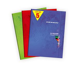 Calligraphe 7555C - Un lot de 5 cahiers de dessin (gamme 7000 de Clairefontaine) 96 pages 24x32 cm 120g unies blanches, couverture carte offset, couleurs assorties