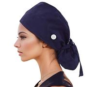 Calot Chirurgien Femme Casquette de Travail Réglable Bouton Bande de Sueur Poche Queue de Cheval Casquette de Gommage Chirurgical Cheveux Longs Unisexe pour Fournitures de Soins (A01-Navy, One Size)
