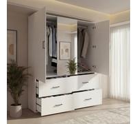 Caluself Armoire 1,3 m, 3 portes + 4 tiroirs, porte miroir central, armoire blanche, moderne pour chambre à coucher