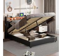 Caluself bedBed Frame, upholstered Bed, LED Light, Double Bed with Storage and slatted Base, Polyurethane, Hydraulic Storage, with USB Charging, Storage headboard M2n8O3