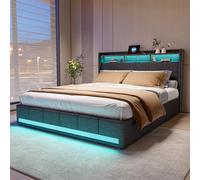 Caluself Lit capitonné, 140 x 190 cm, gris, tête de lit avec 2 raccords, éclairage flottant, 2 tiroirs, aspect lin
