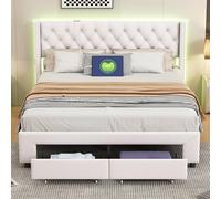 Caluself Lit double avec 2 tiroirs, cadre de lit avec têtes de lit, taille 140 x 190 cm, velours beige