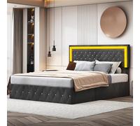 Caluself Lit double capitonné 160 x 200 cm avec coffre de lit, lit avec espace de rangement et sommier à lattes, lits fonctionnels, pour adultes ou adolescents, velours noir