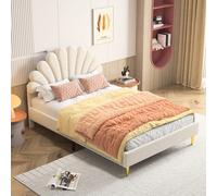 Caluself Lit enfant rembourré 140x200 cm, cadre de lit avec tête de lit florale et sommier à lattes, lit fille, lit adolescent, lit double en velours doux pour la peau À propos de cet article✨ DESIGN