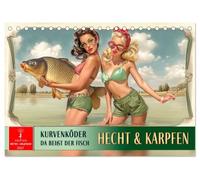 CALVENDO - Brochet et carpe - Leurre courbe, car le poisson mord (calendrier de table 2027 DIN A5 paysage) - Calendrier mensuel : canne à pêche et nostalgie - Superbes poissons et femmes adorables.
