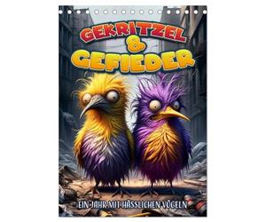 CALVENDO Gribouillage et plumes : une année avec des oiseaux laids (calendrier de bureau 2027 DIN A5 haut), calendrier mensuel : chaque mois une robe de plumes fantaisie.