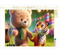 Puzzle · Un Ours en Peluche et Un Tigre rayé se promènent côte à côte dans | un parc ensoleillé · Animaux en peluche · 1000 pièces · Format assemblé 64 × 48 cm · CALVENDO Puzzle