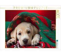 CALVENDO Puzzle A tired Labrador Retriever puppy lies under a red and green blan