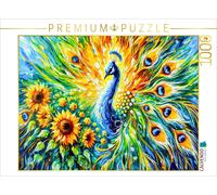 CALVENDO Puzzle Paon Abstrait avec tournesols en Peinture à l'huile colorée | 1000 pièces Taille de la Ponte 64 x 48 cm Puzzle Photo pour des Heures heureuses