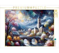 CALVENDO Puzzle Alte Dorfkirche am Abend, mit Fluss und Steinbrücke. | 1000 Teil