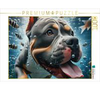 Puzzle · L'American Stafford Terrier Plonge avec des Poissons | Les quadrupèdes s'amusent dans la piscine · 1000 pièces · Format assemblé 64 × 48 cm · CALVENDO Puzzle