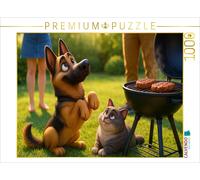 CALVENDO Puzzle Anything for us? - Shepherd dog and cat begging at the barbecue
