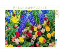 CALVENDO Puzzle avec Roses Jaunes, Rouges et Blanches Roses avec éperons Bleues et lys Jaunes | 1000 pièces - Dimensions : 64 x 48 cm - Puzzle Photo pour des Heures de Bonheur