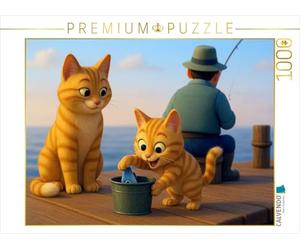 CALVENDO Puzzle Bien, Faites Attention qu'il ne remarquera Rien - Les Chats de Dessin animé volent du Poisson | 1000 pièces - Taille de la Pose 64 x 48 cm - Puzzle Photo pour des Heures heureuses