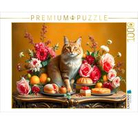 CALVENDO Puzzle Chat sur Table avec Fleurs et Fruits dans Le Style des Anciens maîtres | 1000 pièces de Ponte Taille 64 x 48 cm Puzzle Photo pour des Heures heureuses