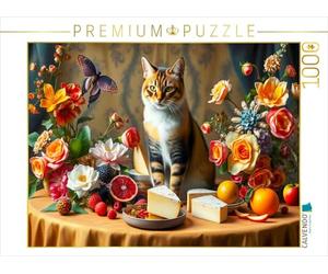 CALVENDO Puzzle Chat sur Table avec Fleurs et Fruits dans Le Style des Anciens maîtres | 1000 pièces de Ponte Taille 64 x 48 cm Puzzle Photo pour des Heures heureuses