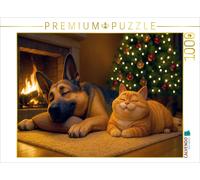 Puzzle · Détente de Noël - Berger et Chat au Coin du feu | 1000 pièces · Format assemblé 64 × 48 cm · CALVENDO Puzzle