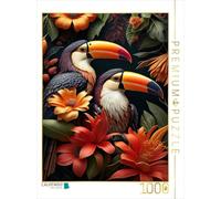CALVENDO Puzzle Deux Toucans avec becs Lumineux Entre Fleurs Oranges | 1000 pièces Taille de la Pose 48 x 64 cm Puzzle Photo pour des Heures heureuses