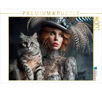CALVENDO Puzzle Femme élégante en Argent Boho Style avec Un Chat Gris Noir | 1000 pièces Taille de la Pose 64 x 48 cm Puzzle Photo pour des Heures heureuses