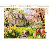 CALVENDO Puzzle Frühlings-Cottage im Garten mit Igel und Blütenzauber | 1000 Tei