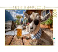 CALVENDO Puzzle Chèvre avec Lunettes de Soleil dans Le Jardin de bière Bavarois | 1000 pièces Taille de la Ponte 64 x 48 cm Puzzle Photo pour des Heures heureuses