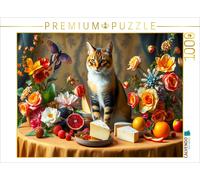 CALVENDO Puzzle Katze auf Tisch mit Blumen und Obst im Stil der Alten Meister |