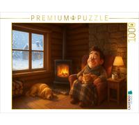 CALVENDO Puzzle Kuschelinger Kamin mit Hund und Katze | 1000 Teile Lege-Größe 64