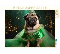 CALVENDO Puzzle Mops trägt elegantes grünes Abendkleid mit Schmuck und Krone | 1