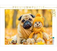 CALVENDO Puzzle Mops und Plüschtierkumpel im Herbst. | 1000 Teile Lege-Größe 64